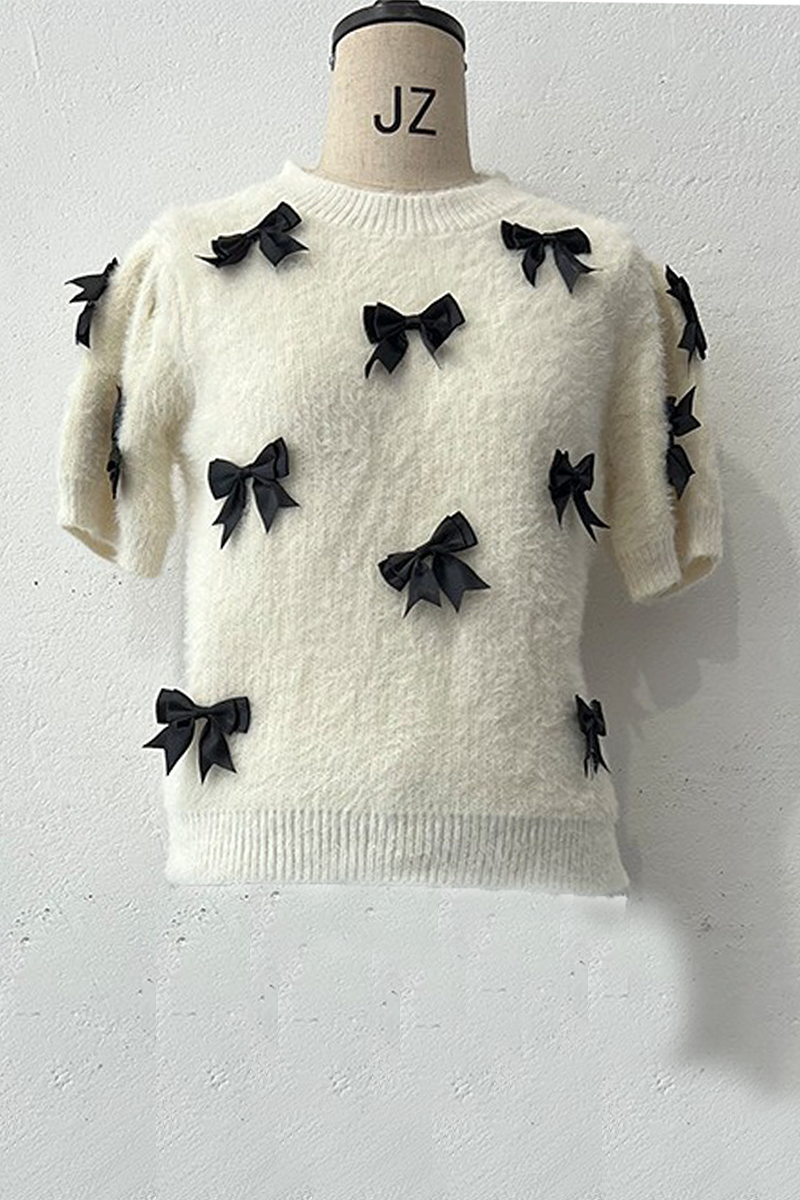 Daily Bow Decor Contrast O Neck Sweaters