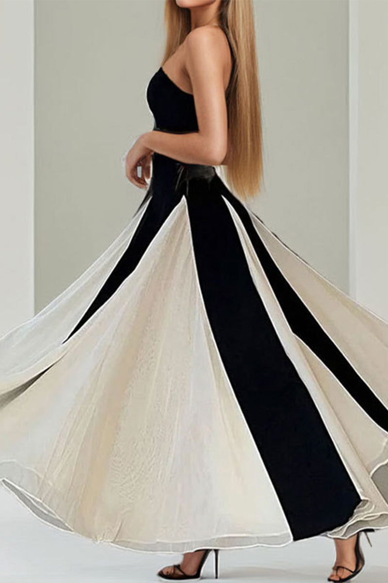 Patchwork Contrast Strapless Long Dresses