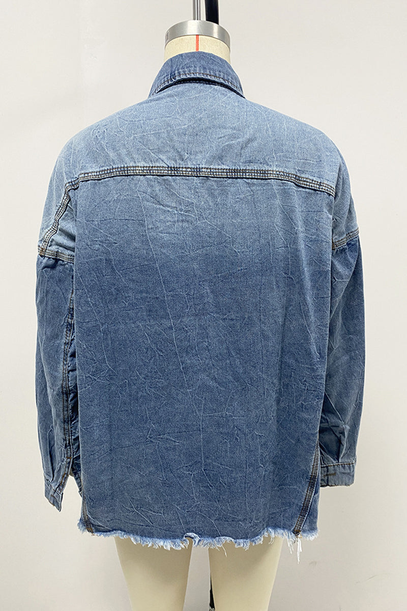 Daily Gradient Color Pocket Contrast Turndown Collar Blouses