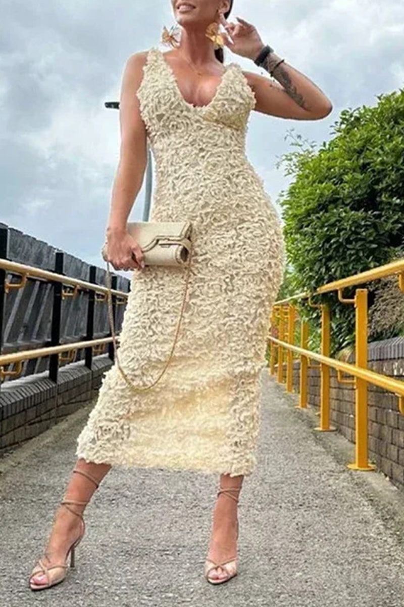 Flower Shape V Neck One Step Skirt Dresses