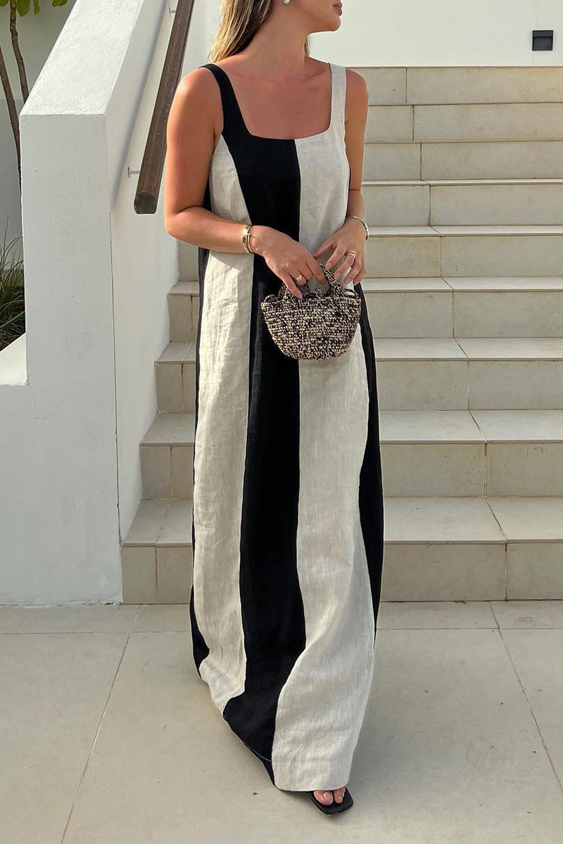 Stripe Patchwork Contrast Square Neck One Step Skirt Dresses
