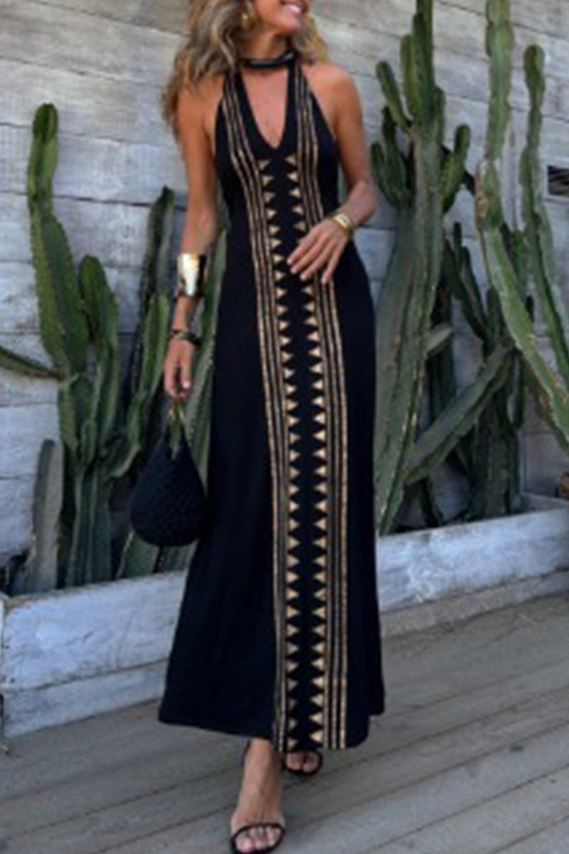 Geometric Print Backless Halter One Step Skirt Dresses