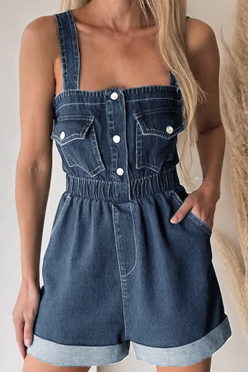 Color Pocket Square Neck Rompers