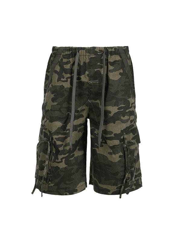 2000s Camouflage Drawstring Denim Shorts With Three Dimensional Pocket