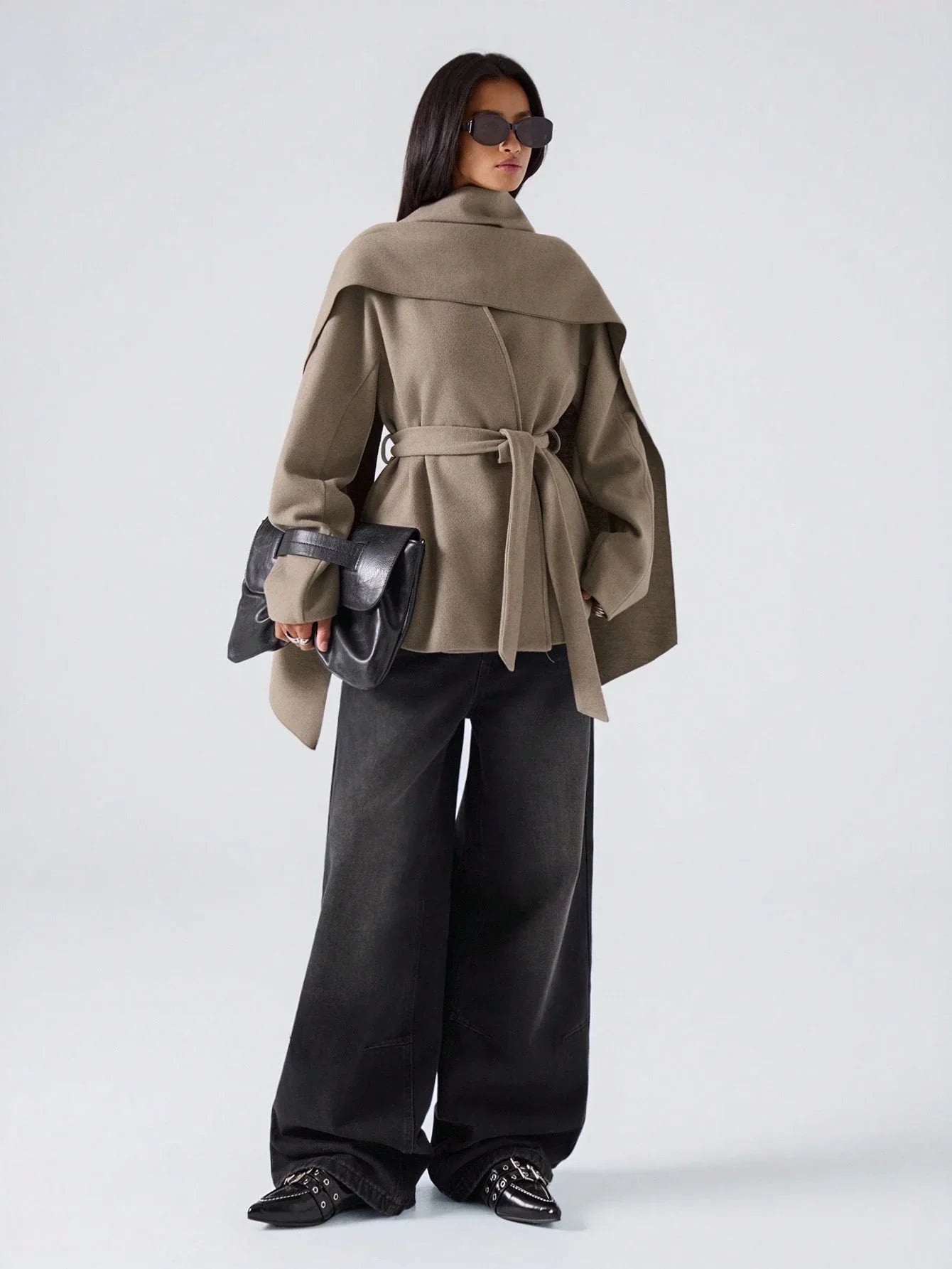 Minimalist Fall Overcoat With Waist Tie Scarf Design