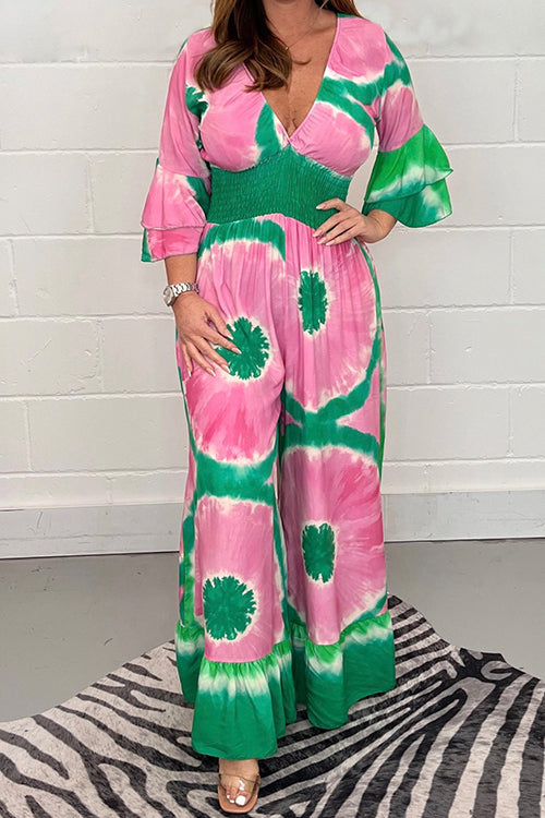 V Neck Bell Sleeves Smocked Waist Wide Leg Printed Jumpsuit
