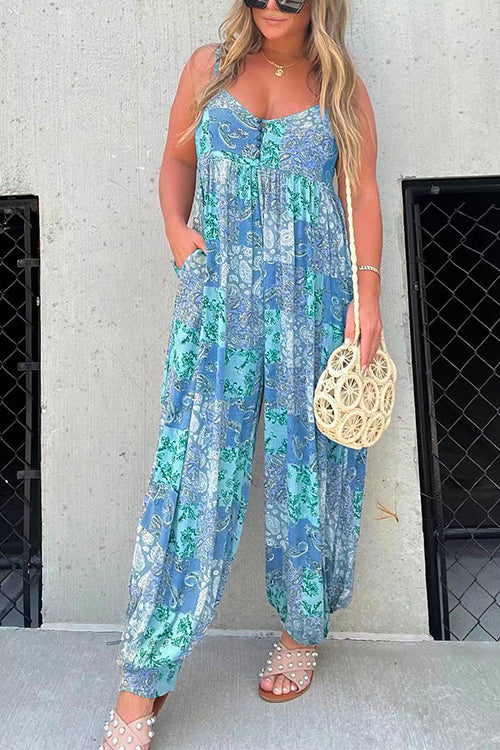 Buttons V Neck High Waist Printed Cami Jumpsuit