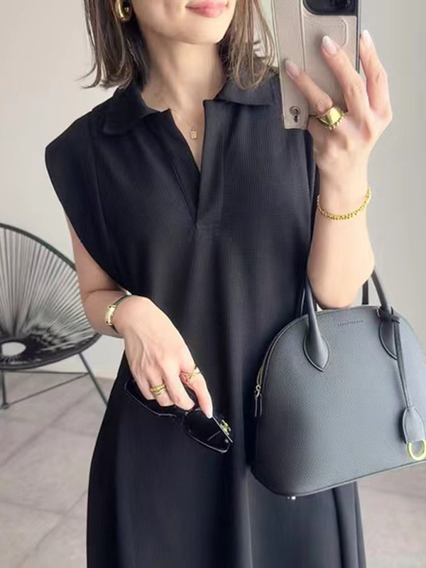 Loose Raglan Sleeve Pleated Color Lapel Maxi Dresses