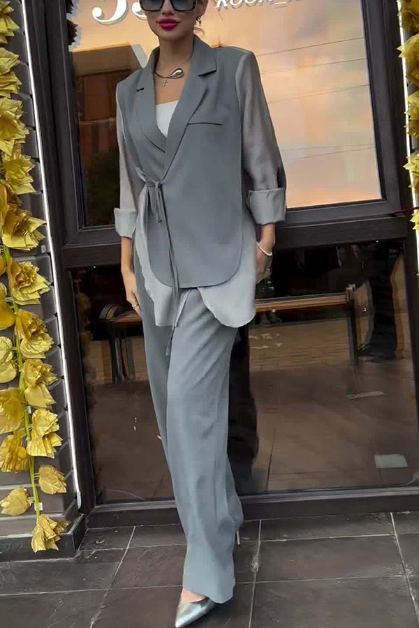 And Chiffon Patchwork Irregular Lace-up Jacket and Pocketed Straight-leg Pants Set