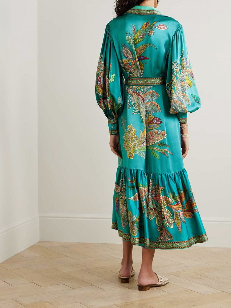 Collared Print Lantern Sleeve Dress
