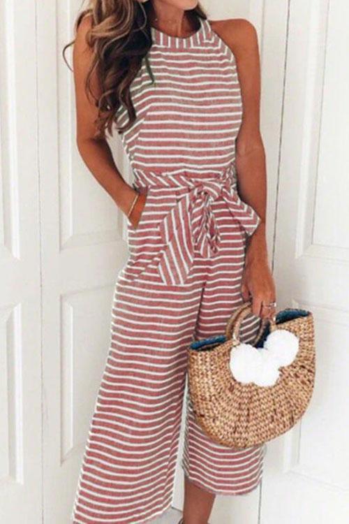 Moxidress Crewneck Sleeveless Striped Bow-knot Wide Leg Jumpsuit
