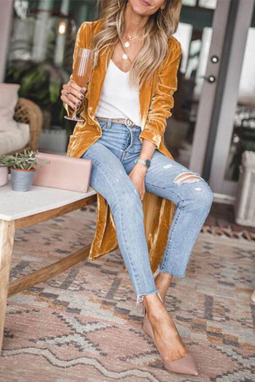 Moxidress Lapel Open Front Long Velvet Coat