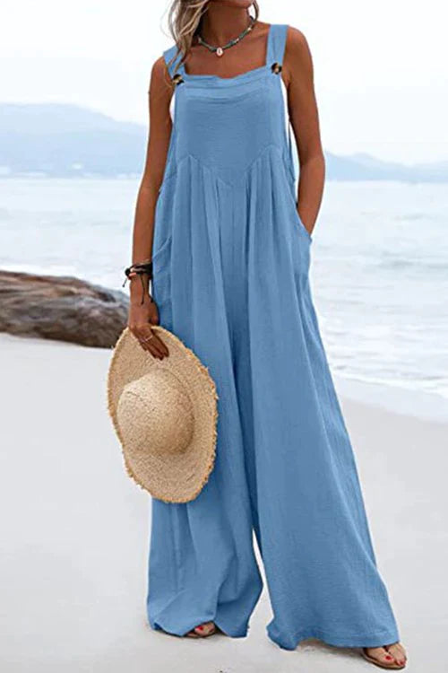Buttons Wide Leg Tank Jumpsuit With Pockets