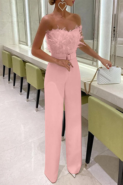 Off Shoulder Feather Splice Straight Leg Jumpsuit