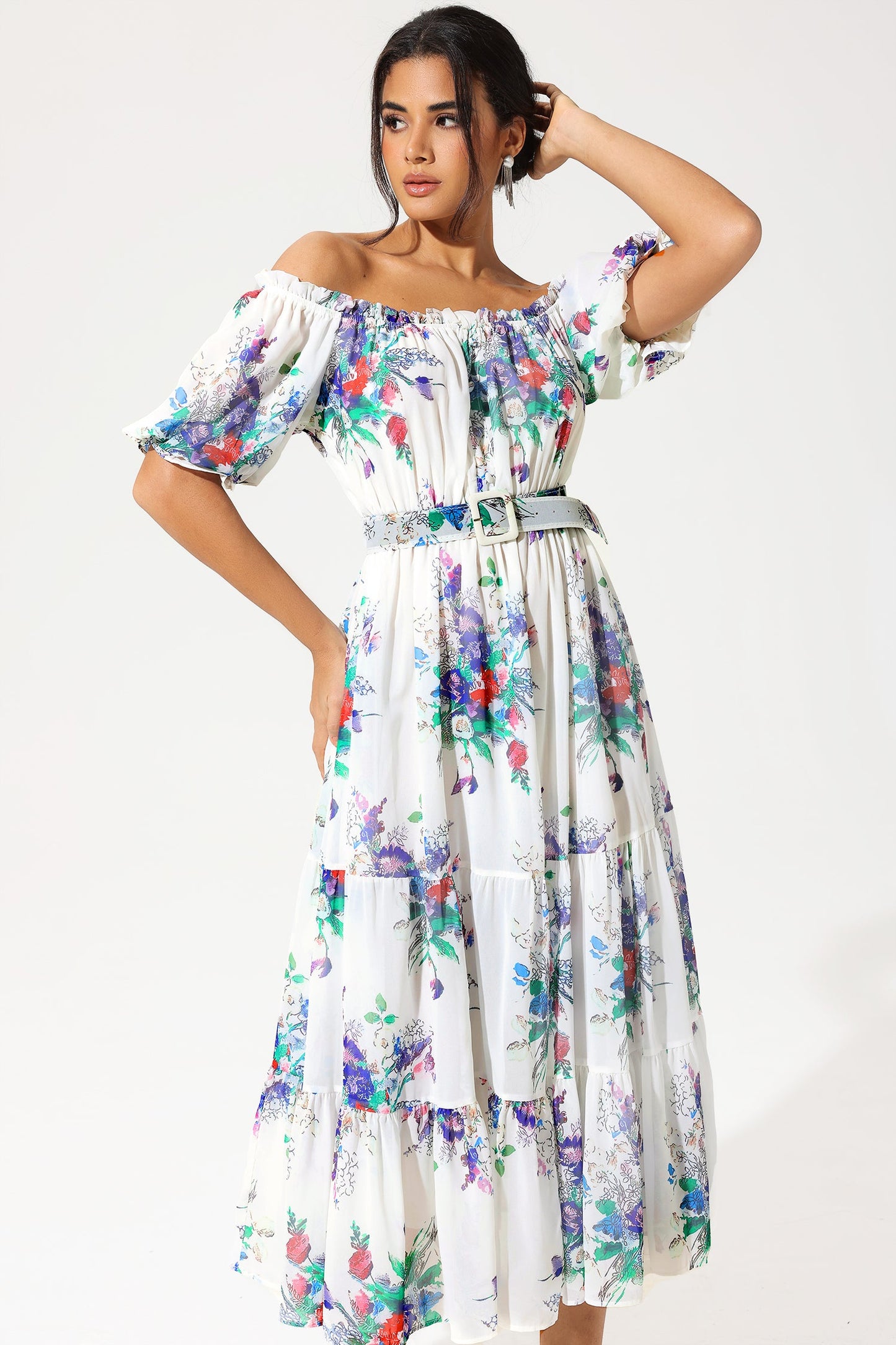 Puff Sleeve Off-shoulder Ruffle Hem Maxi Dress