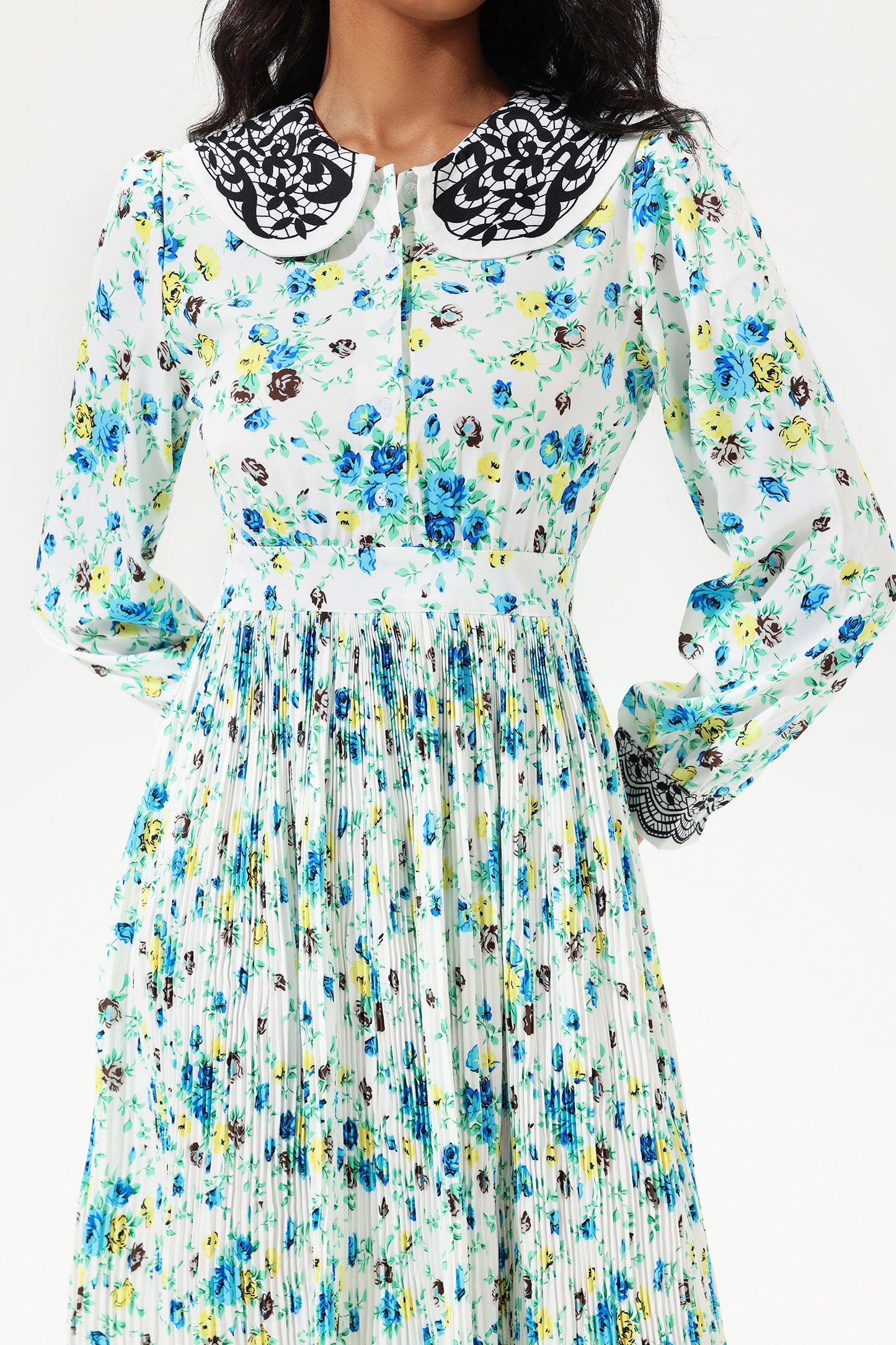 Lantern Sleeve Doll Collar Lace Midi Dress