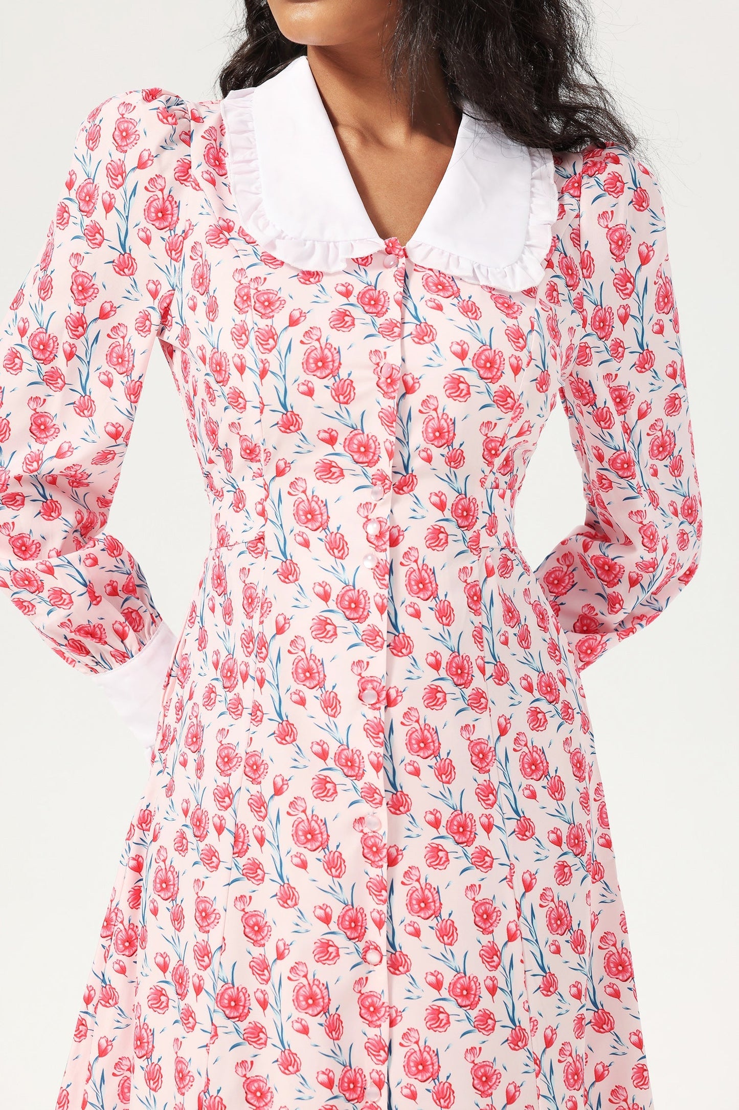 Long Sleeve Doll Collar Buttoned Midi Dress Pink