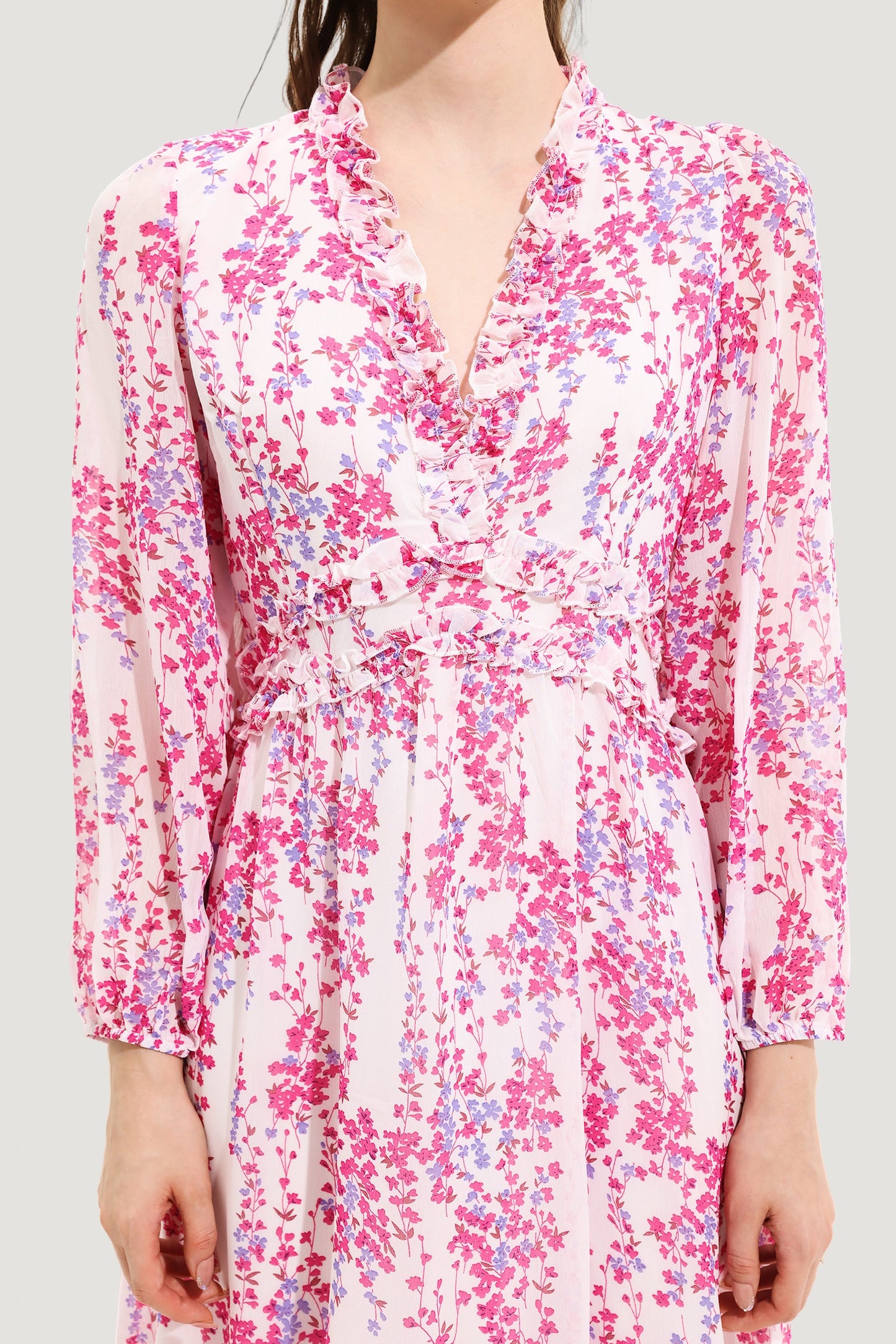 V-neck Long Sleeve Midi Dress Pink