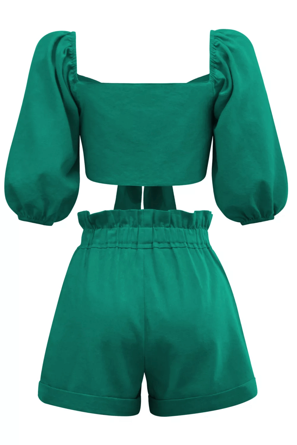 Linen Wrap Front Tie Puff Sleeve Shorts Sets in Green