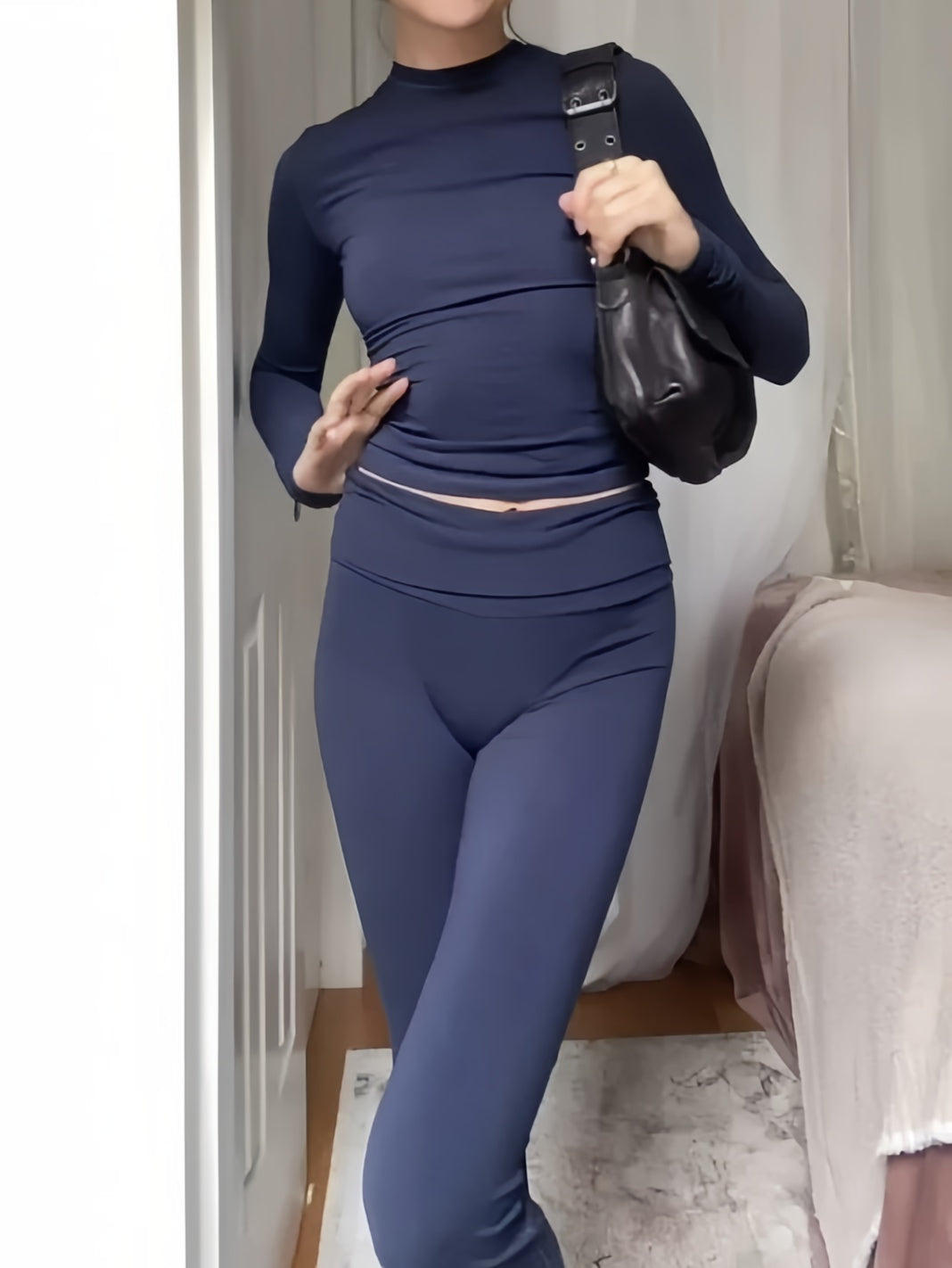 Classic Color Long Sleeve Top and Flare Pants Set