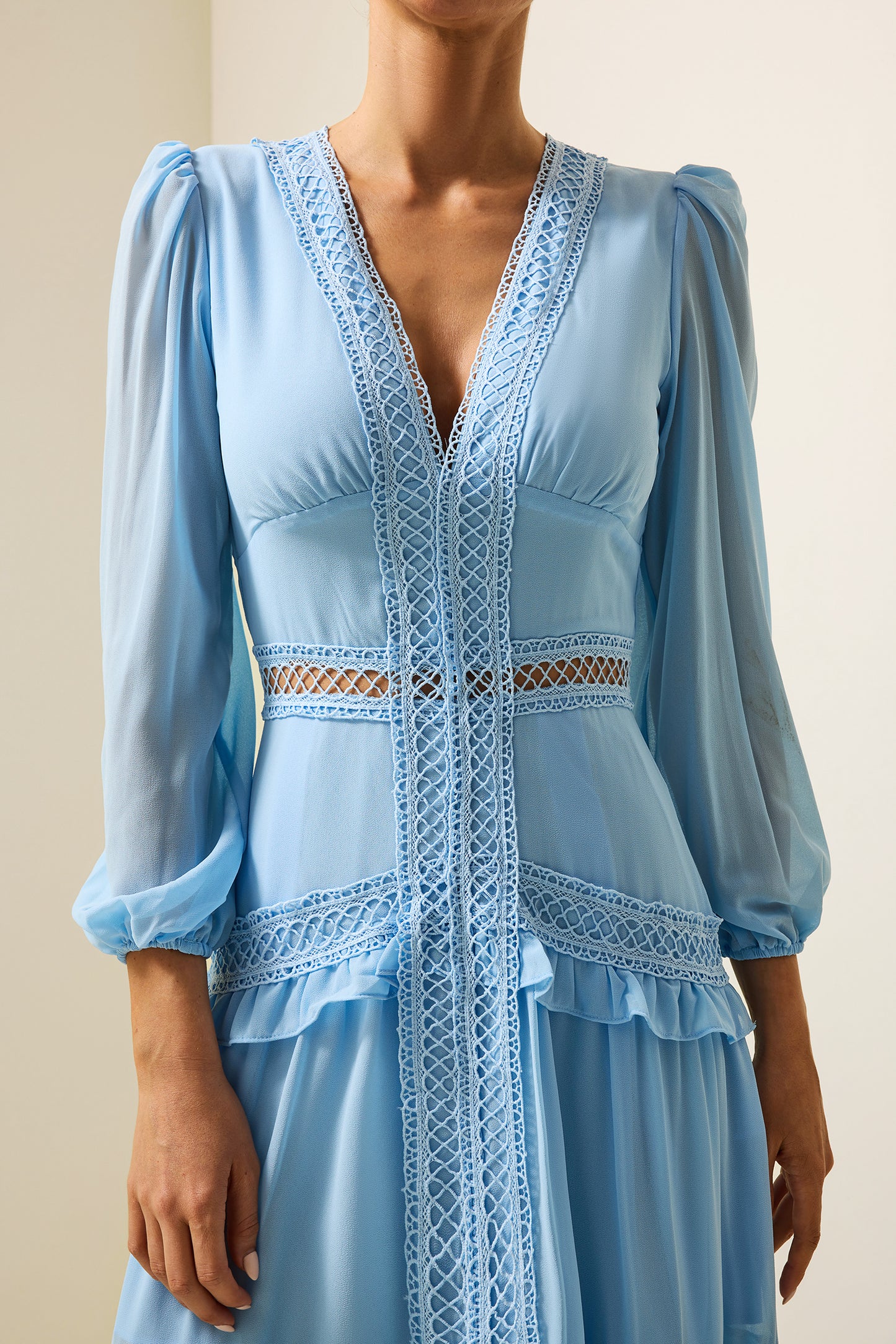 Lace V-neck Frill Midi Dress Blue