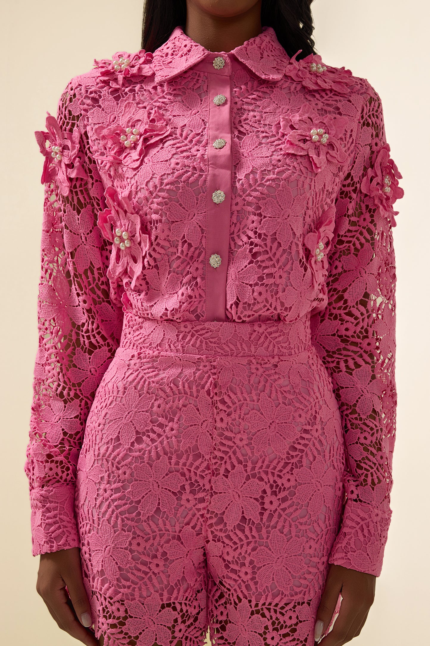 Lace Rhinestone Bottom Top & High Waist Lace Mini Pants