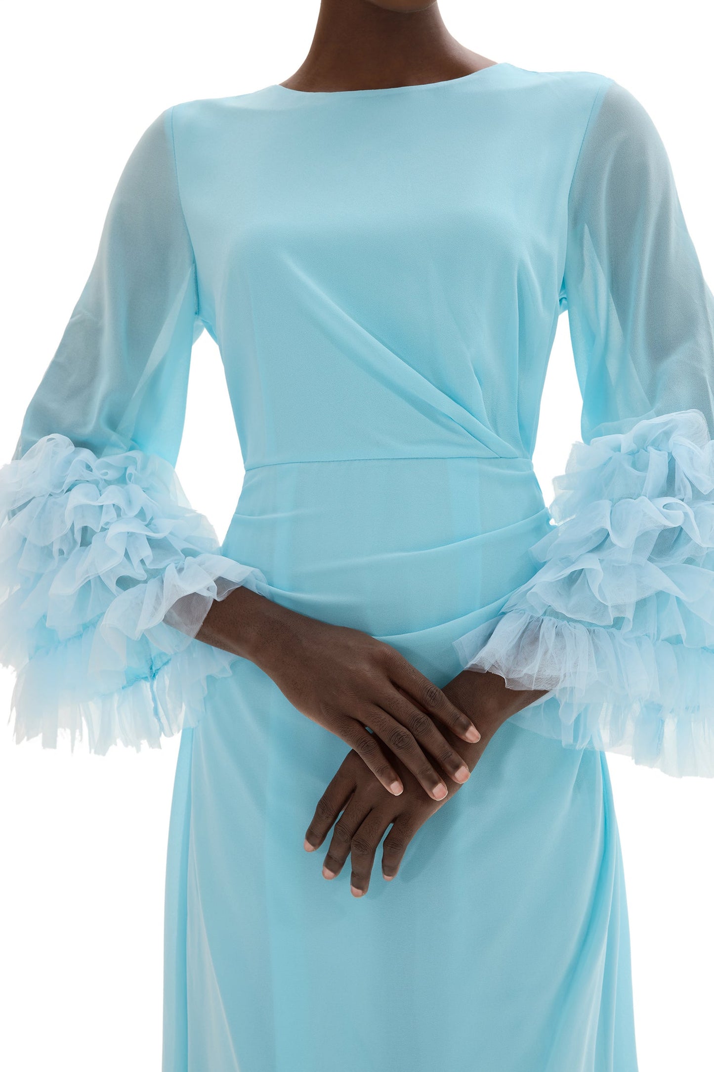 Around Neck Frill Long Sleeve Midi Dress