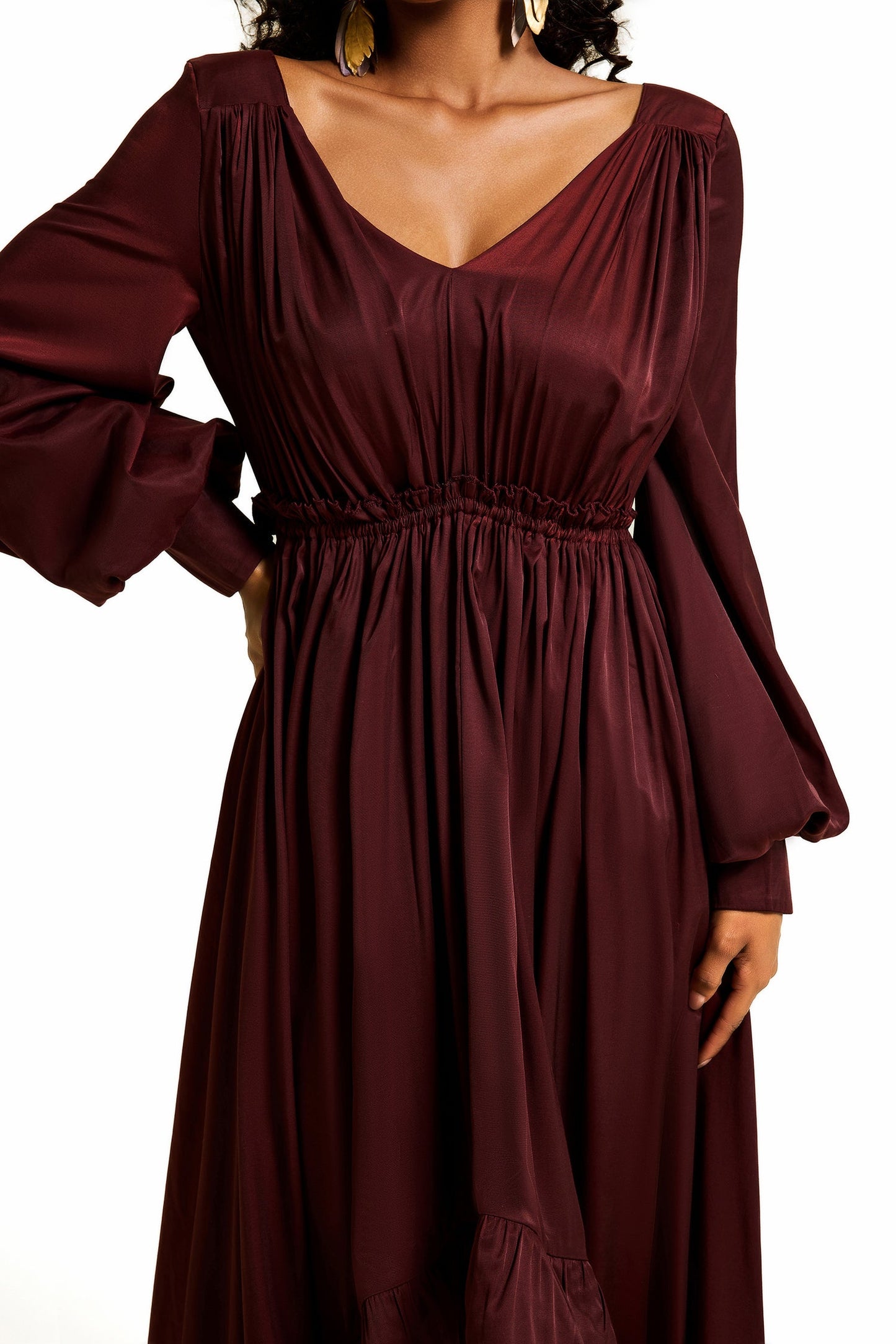 Lantern Sleeve Ruffle Midi Dress