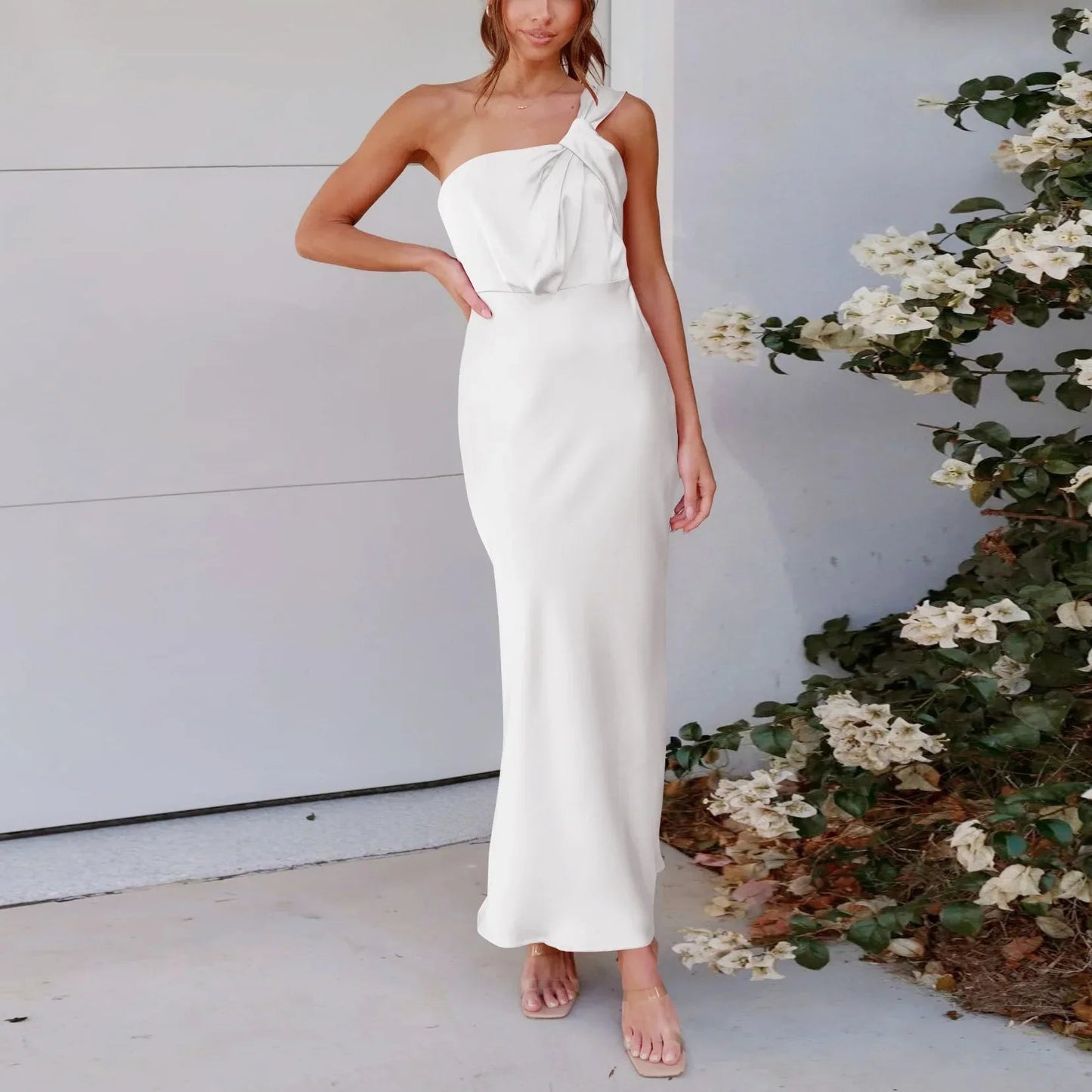 One-shoulder Satin French Slim Midi Dresses