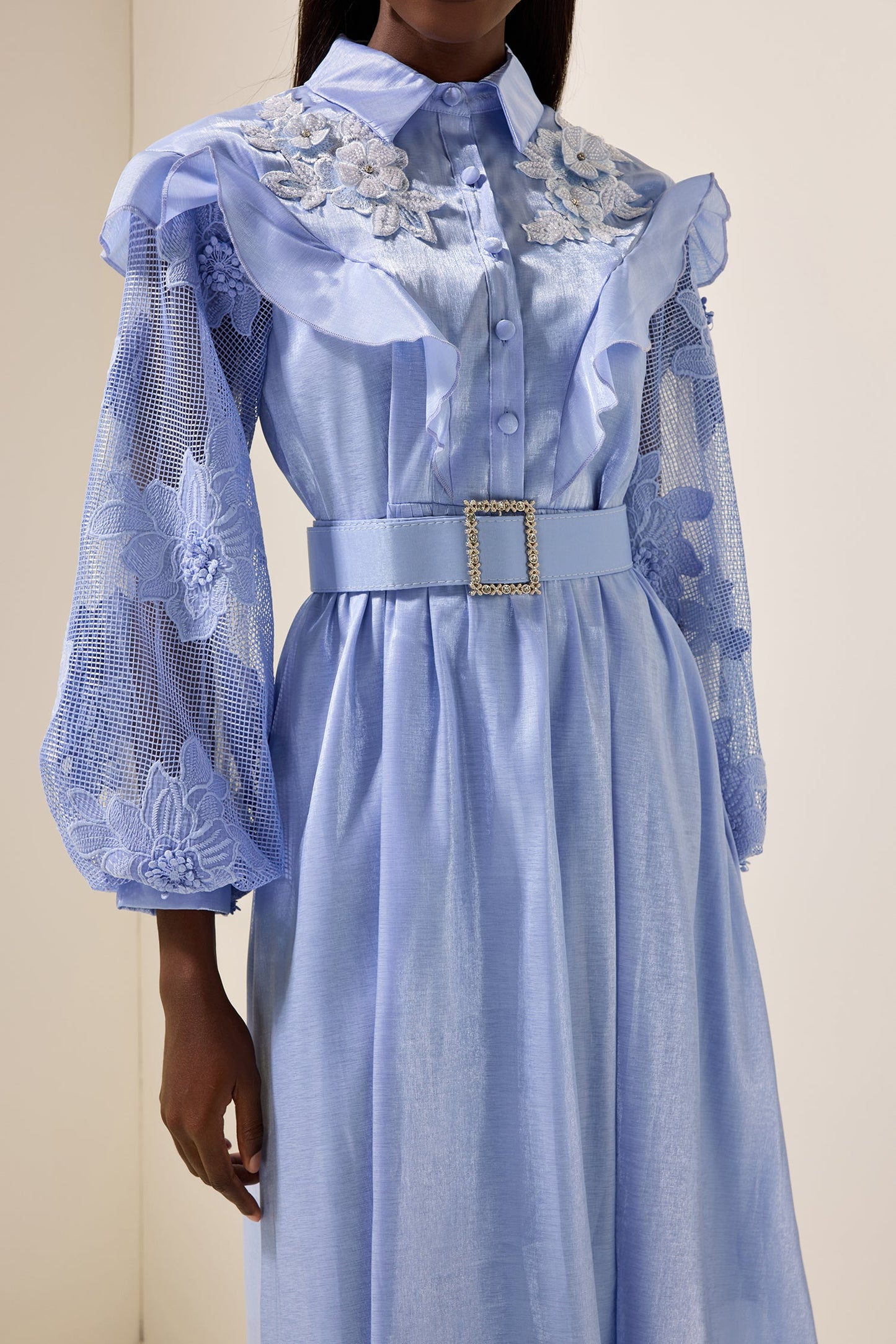 Lace Frill Midi Dress With Belt
