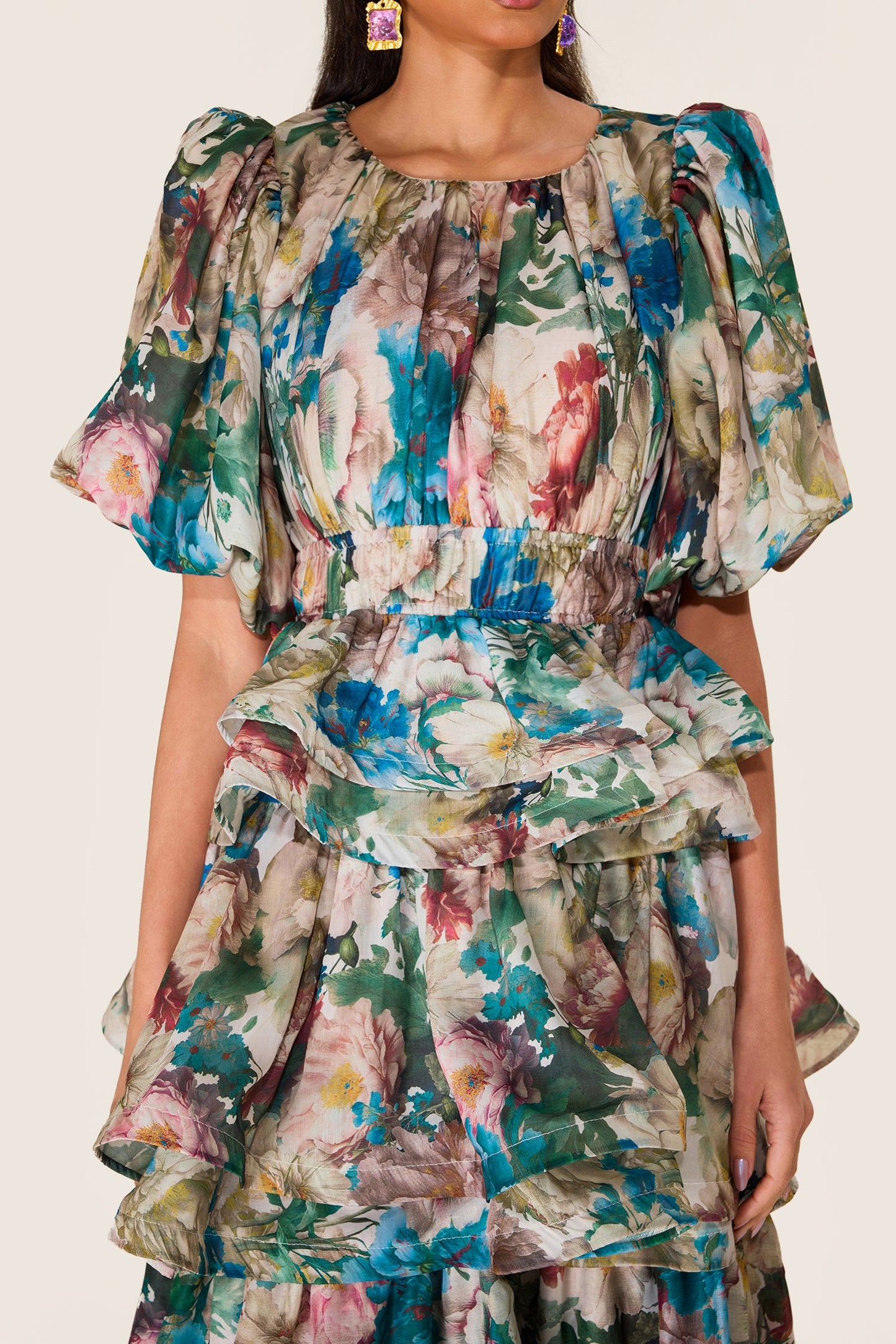 Puff Sleeve Tiered Midi Dress