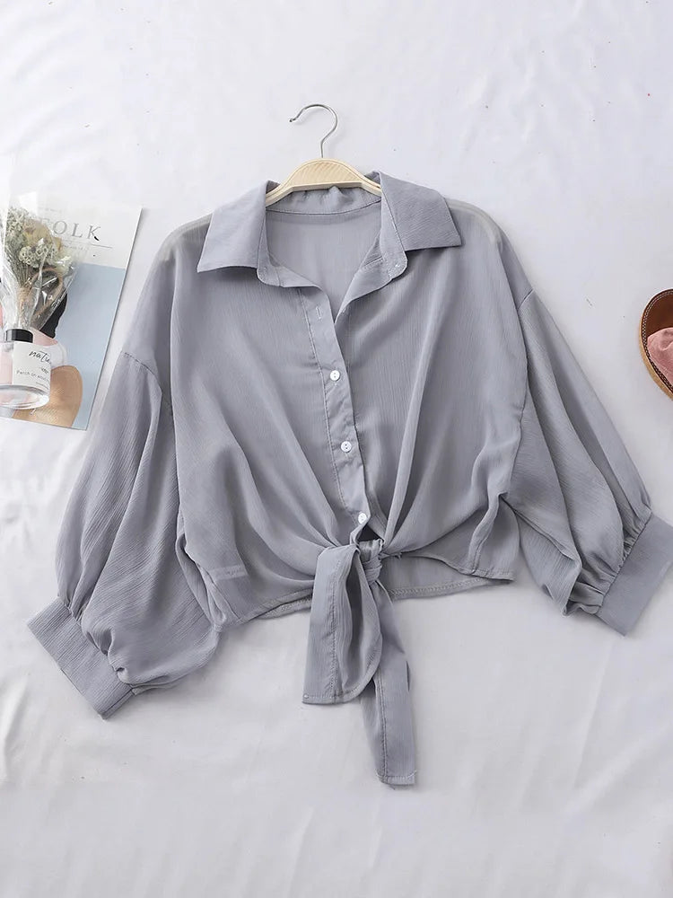 Chiffon Shirts Summer Half Sleeve Buttoned Up Shirt Loose Blouse Tied Waist Blouses for