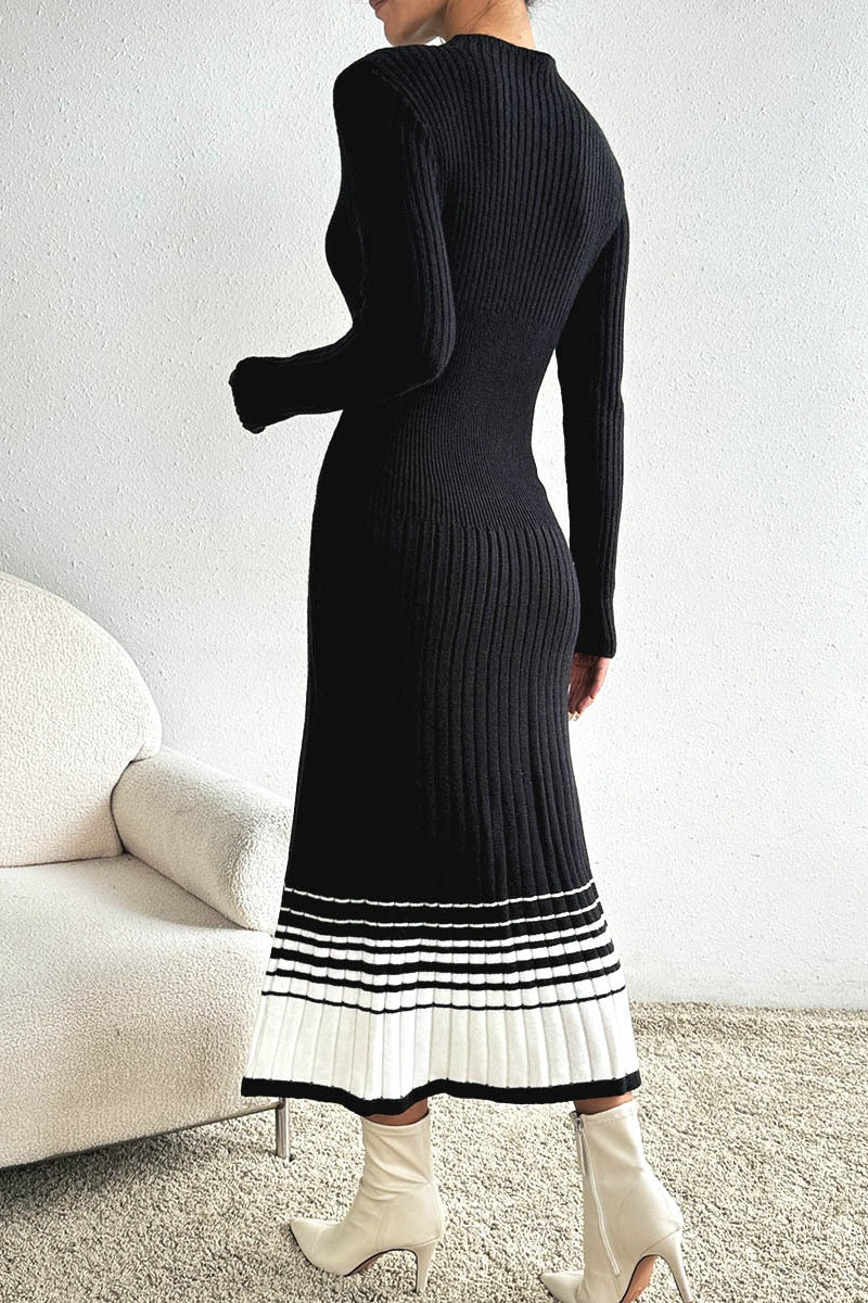 Black White Stripe Knit Pleated Midi Dress