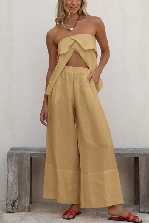 Strapless Ruffle Slit Top Elastic Waist Wide Leg Pants Set