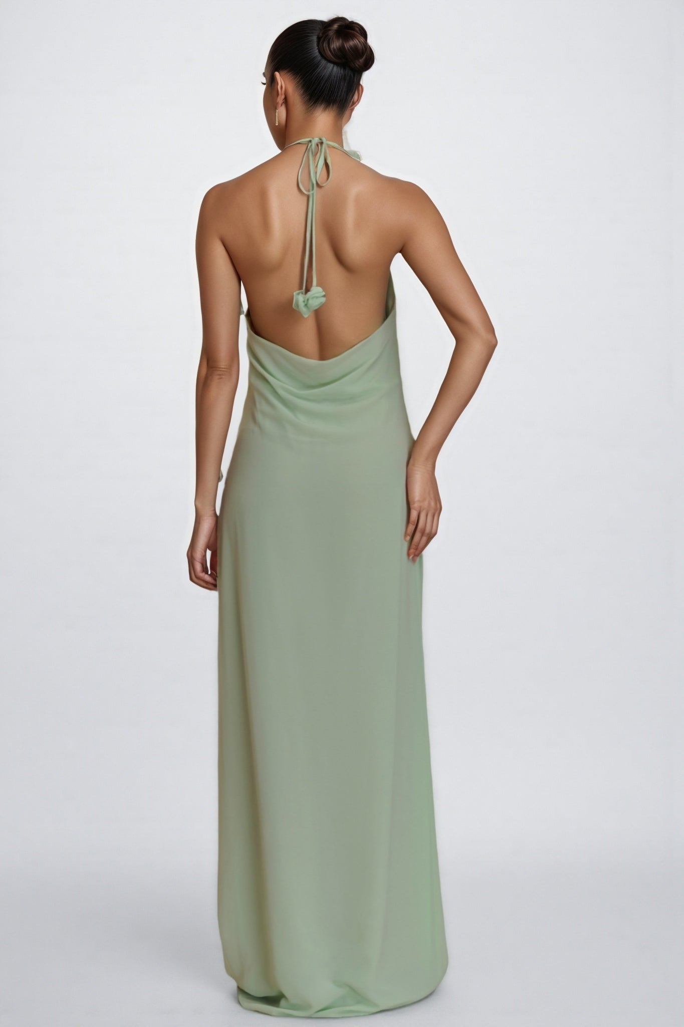 Stellk Green Cowl Neck 3d Flower Maxi Dress