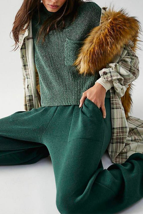Mockneck Short Sleeves Top Pocketed Harem Pants Knitting Set