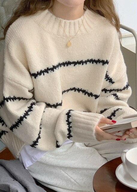 Oversized Cozy Knit Sweater - Long Sleeve Striped Knitwear