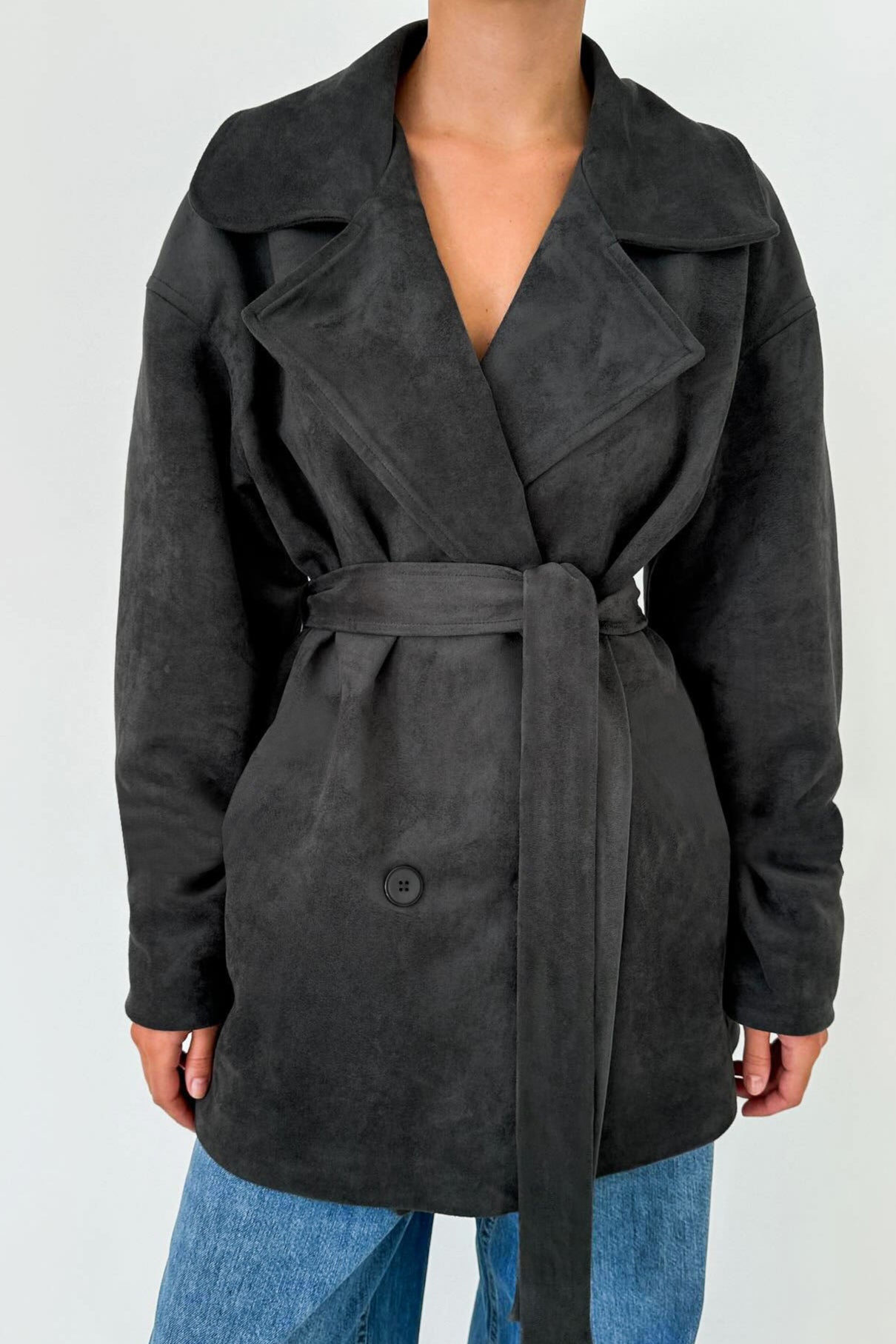 Brown Suede Tie Waist Overcoat