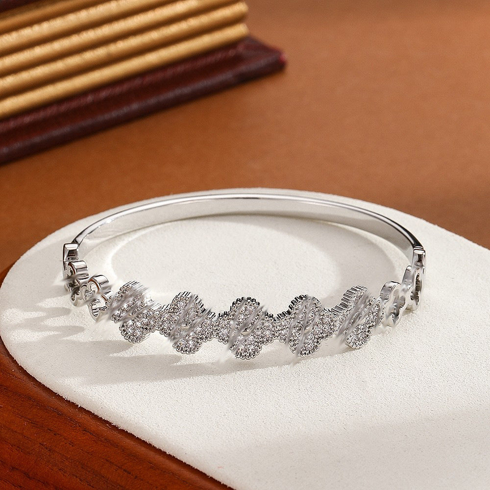 Vintage Silver Pave Crystal Wave Bangle