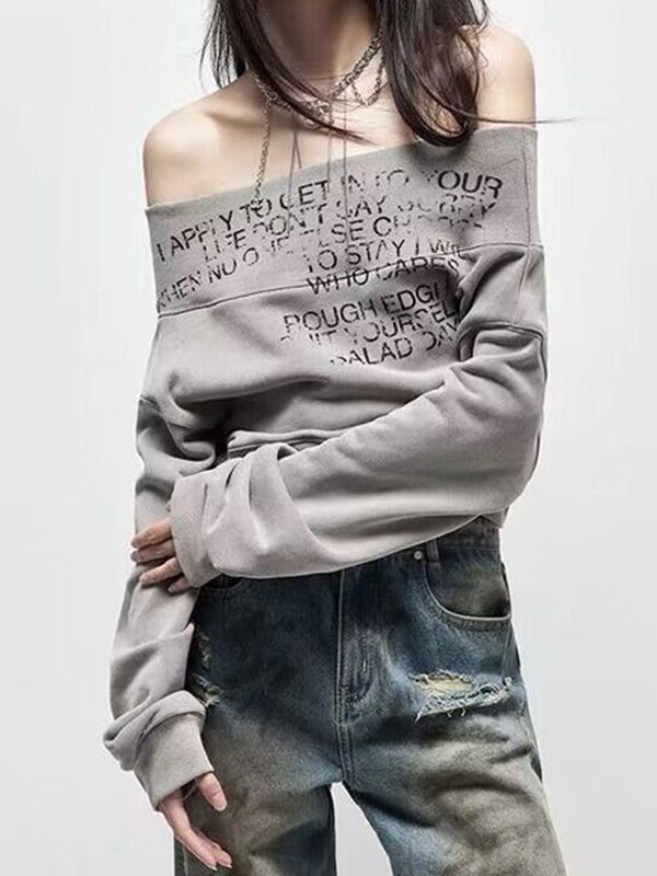 Gray Letter Print Off Shoulder Sweatshirt