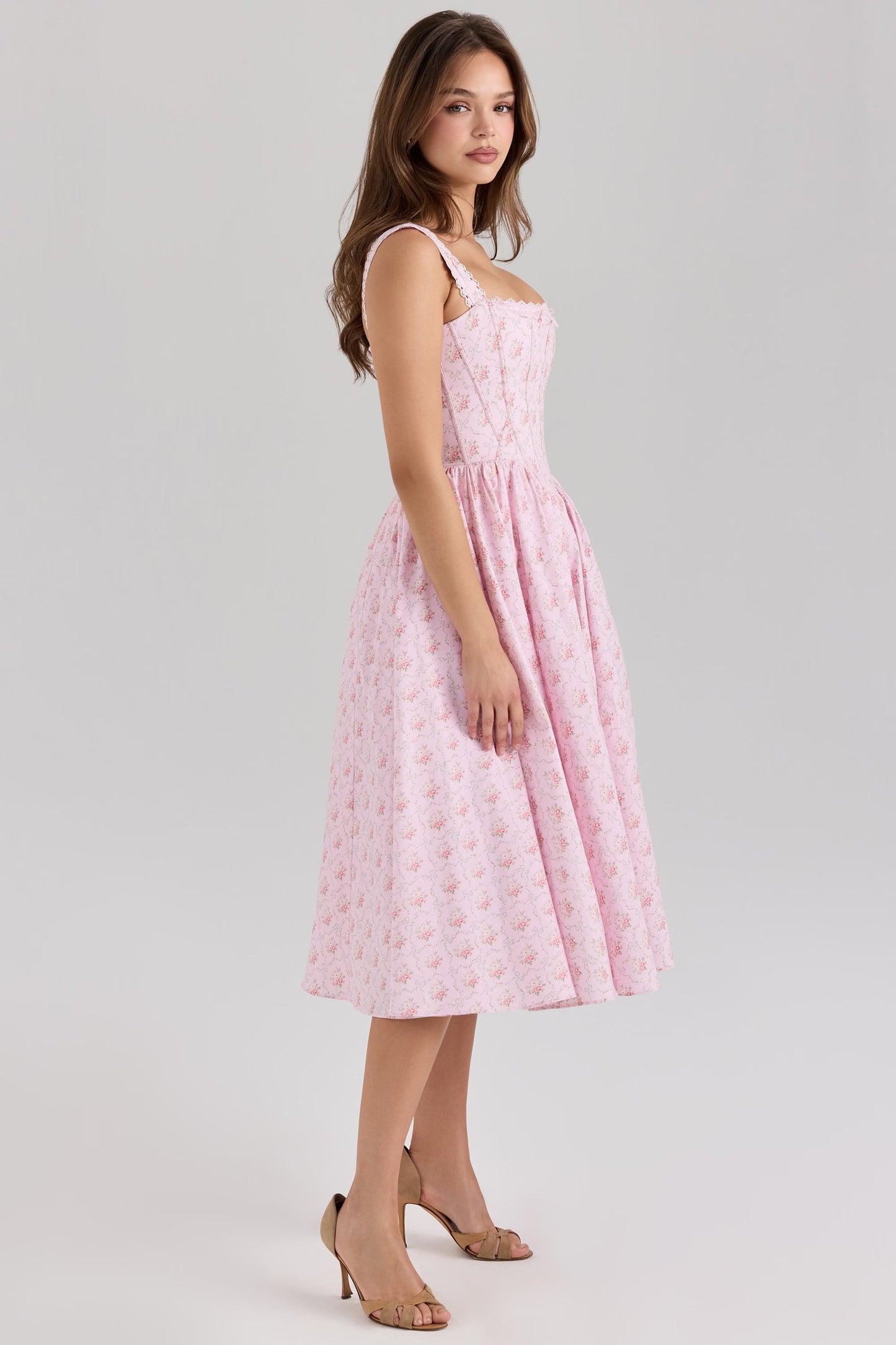 Elara Rose Dress — Pink Midi Dress With Corseted Bodice