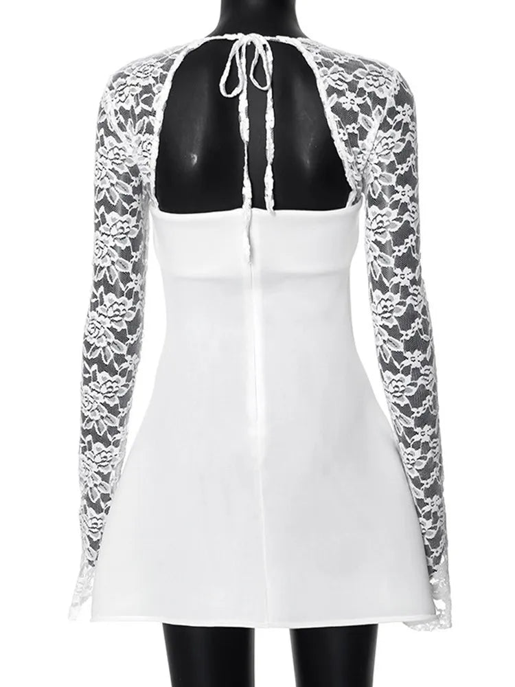 Lace Patchwork ’s Mini Dress Square Collar Long Sleeve A-line Vestido New Female Party Robe