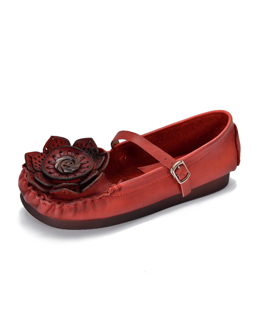 Cowhide Leather Flat Shoes for Red Splicing Buckle Strap