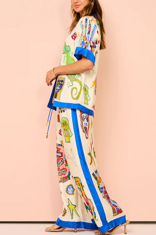 Graffiti Print Short Sleeves Blouse Shirt Drawstring Waist Wide Leg Pants Satin Set