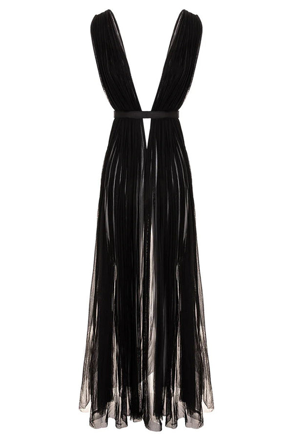 Muse Semi-sheer Tulle Fabric Fixed Back Tie-up Maxi Dress