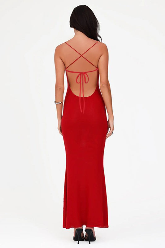 Rhinestone Open Back Tie Spaghetti Strap Maxi Dress