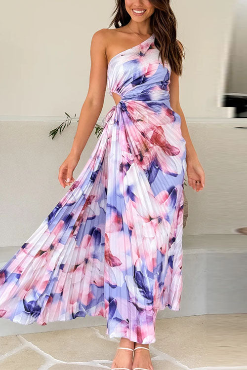 Moxidress One Shoulder Sleeveless Cut Out Print Pleated Maxi Dress