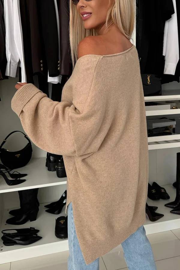 Cold Weather Knit Color Long Sleeve V-neck Irregular Relaxed Sweater