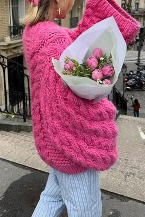 Moxidress Round Neck Oversized Cable Knit Sweater