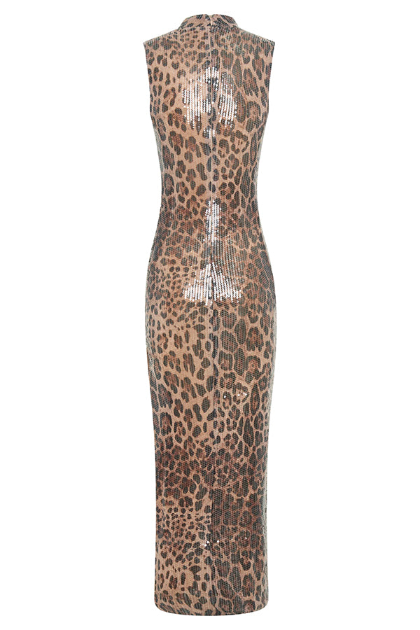 Sparkle Every Step Leopard Sequin Pattern High Neck Slit Stretch Maxi Dress